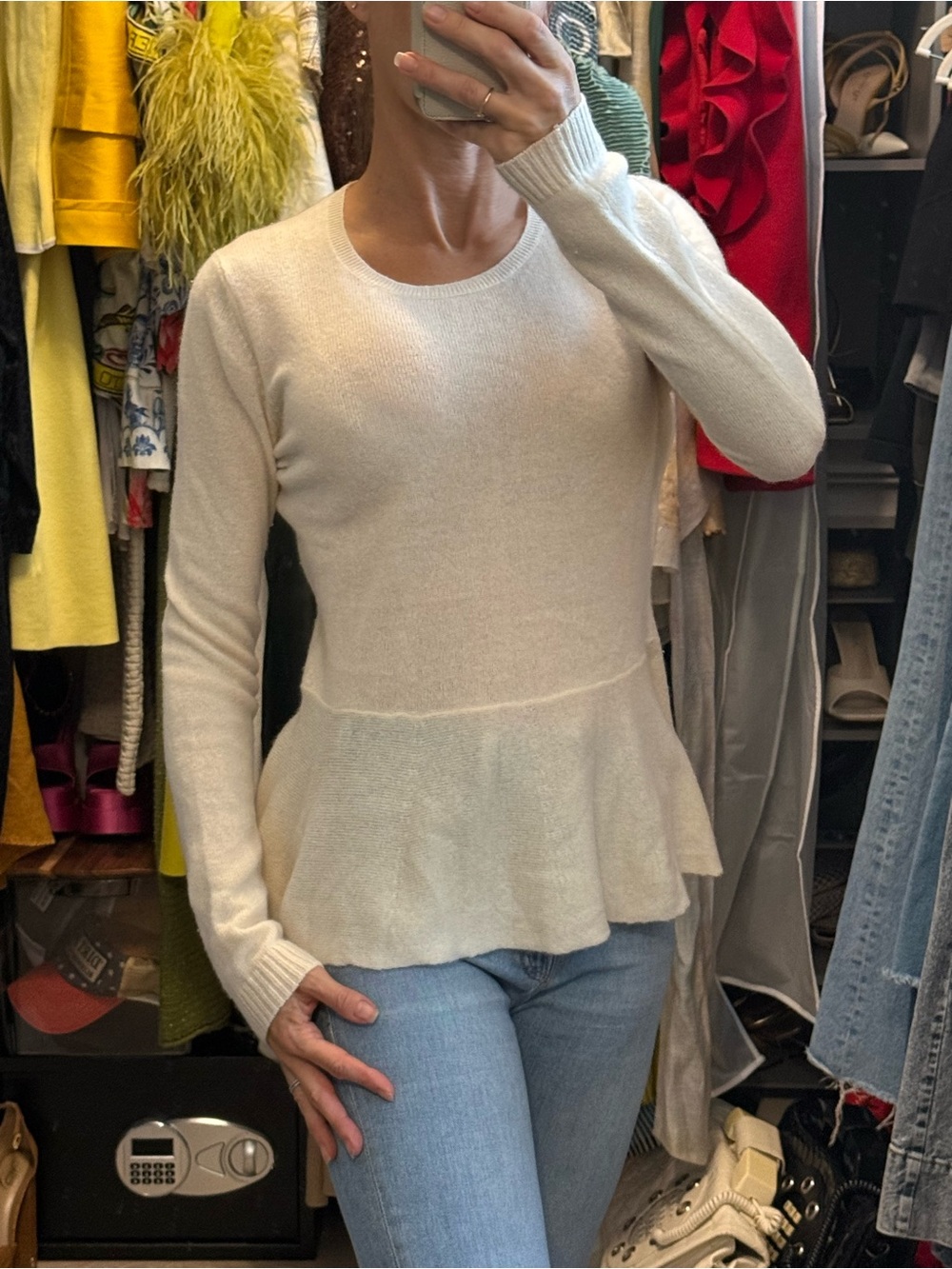White + Warren Cream Peplum Crewneck Sweater